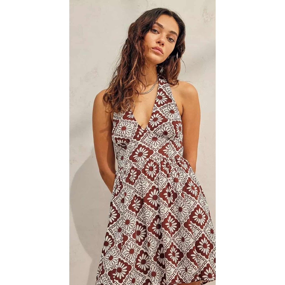 Urban Outfitters Brown Floral Tile Halter Mini Dress Smocked Back‎ Small